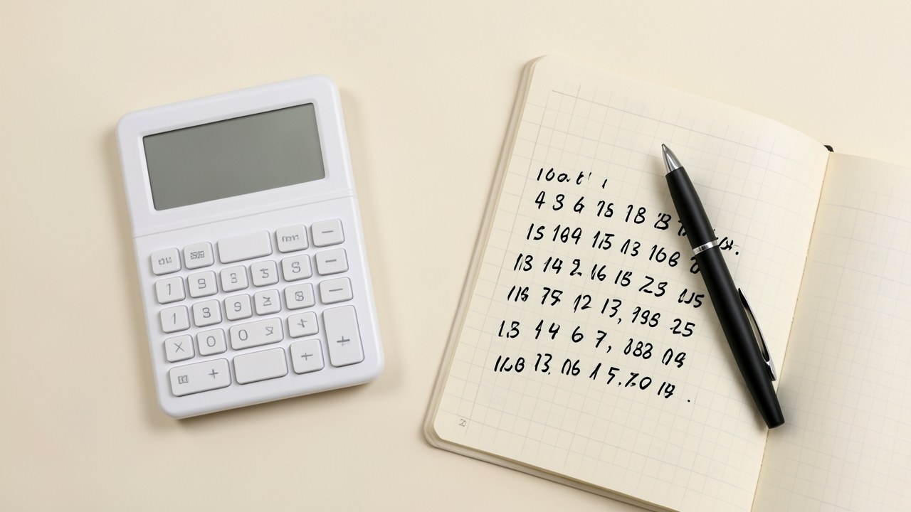 A clean desk with a calculator, a pen, and a paper ledger showing a neat table of numbers, under soft lighting.