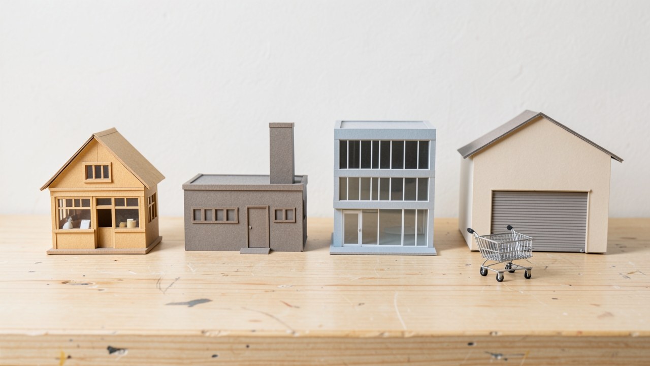 A row of four small paper houses and a tiny shopping cart model on a desk, representing different loan purposes.