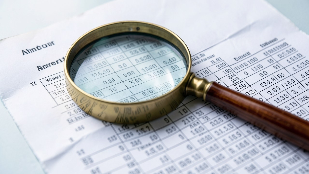 A close-up of a printed amortization schedule table with a magnifying glass over a row of numbers.