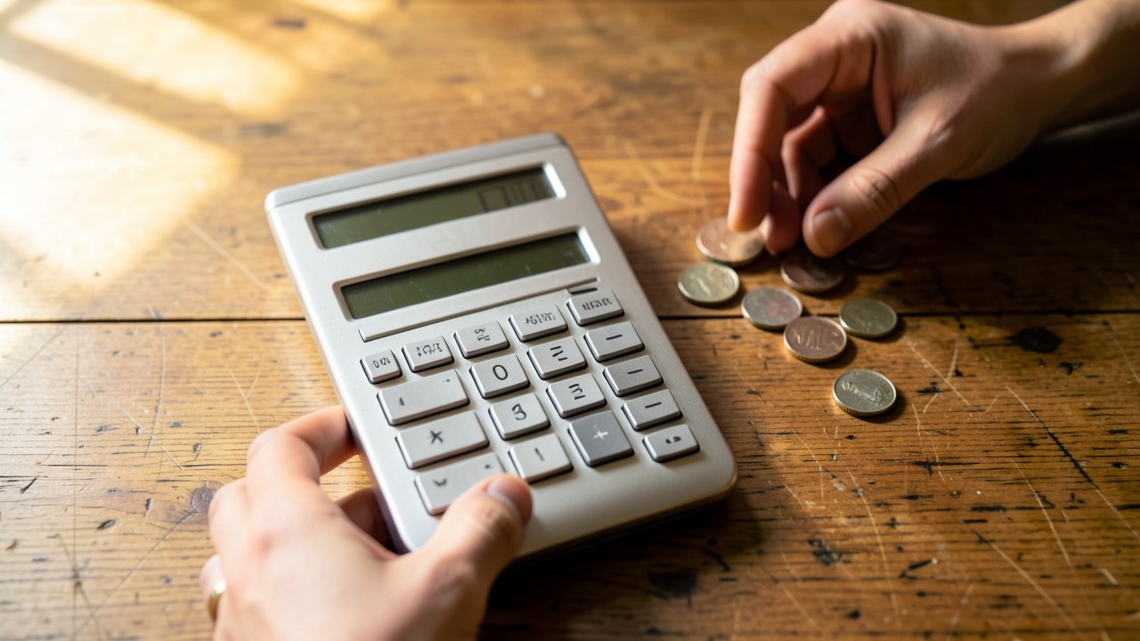 A hand holding a calculator and another hand counting coins on a table, symbolizing budgeting.