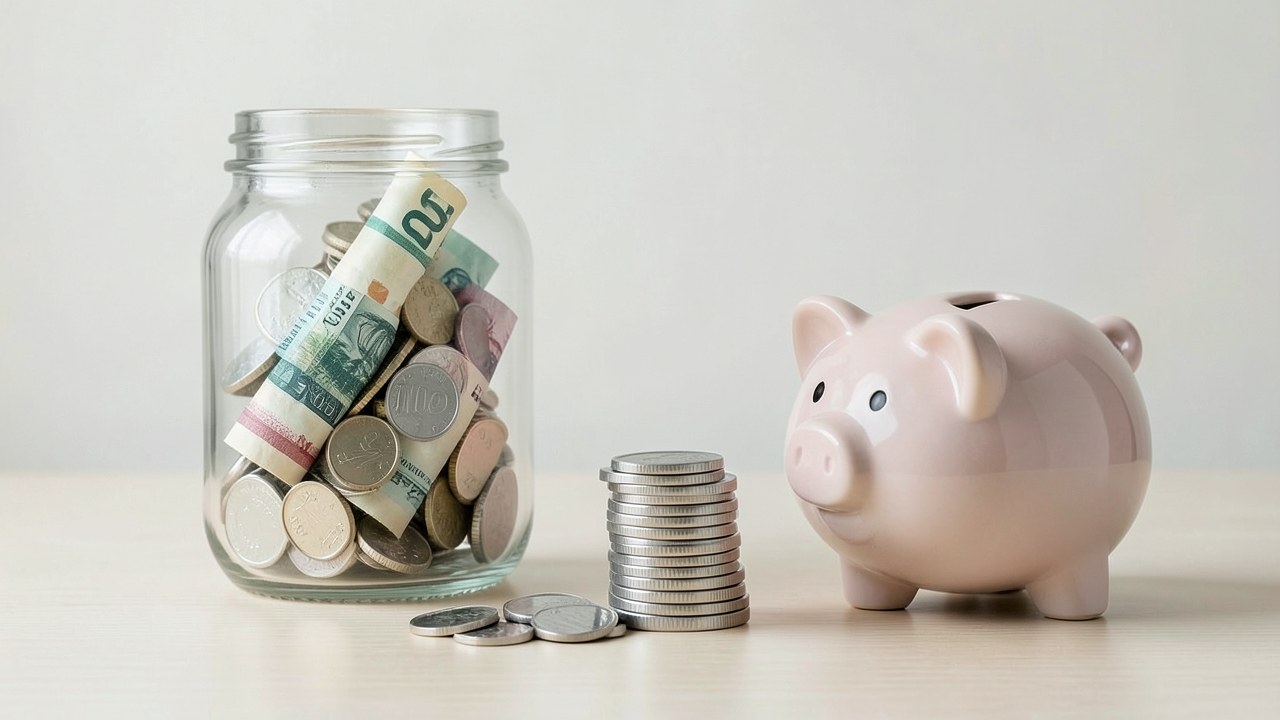 A jar filled with money and a small piggy bank on a desk, next to a stack of coins.