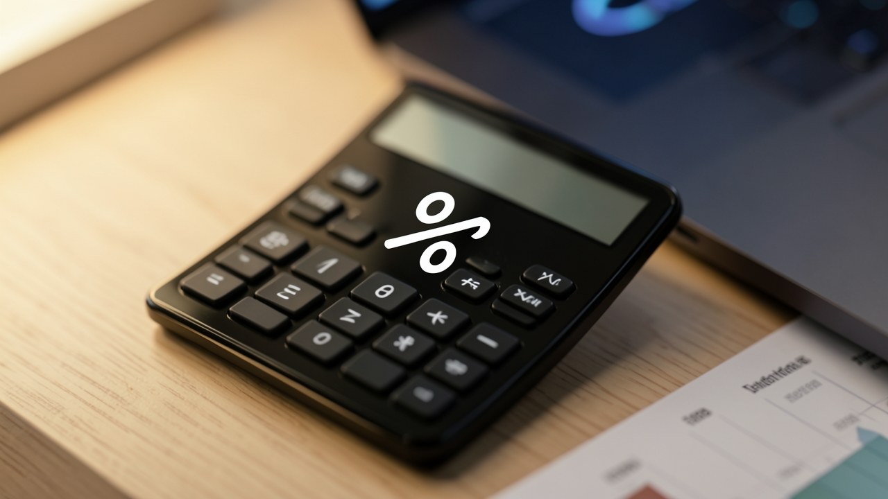 A calculator displaying a percentage sign, with a blurred background of financial charts.