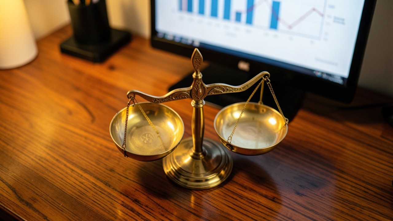 A balanced scale on a desk, with a bar chart on a screen behind it, representing weighing factors.