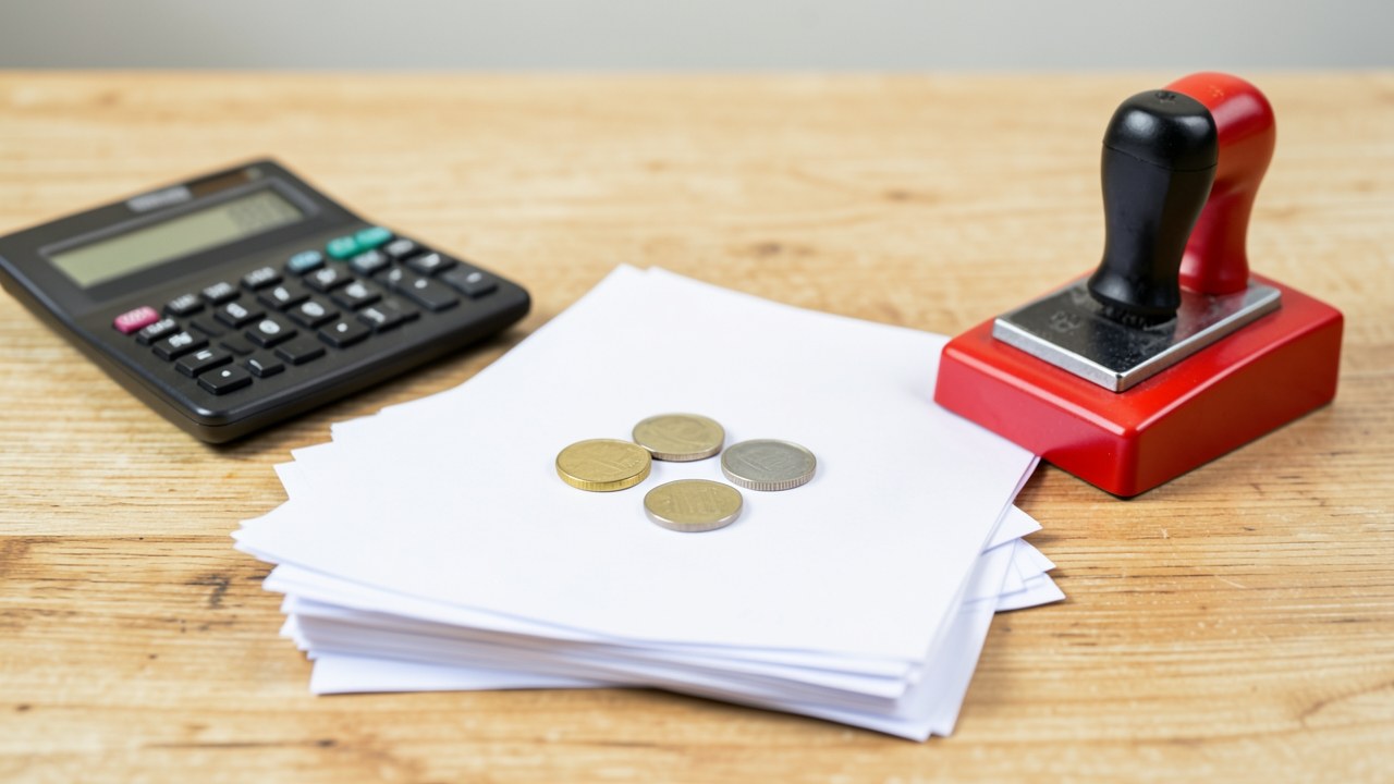 A stack of papers with a calculator, a stamp, and coins, representing loan fees and costs.