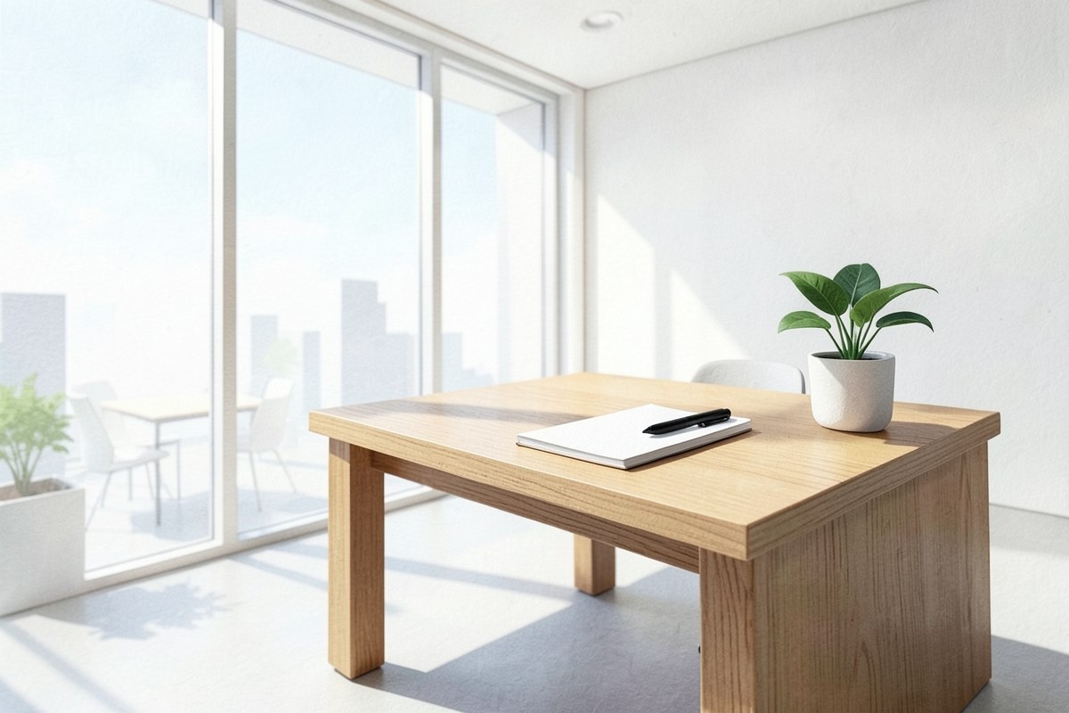 A clean office with a blank notebook and a potted plant on a desk, next to a window.