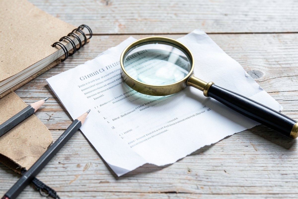 A magnifying glass over a printed document on a desk, with a pencil and a notebook.