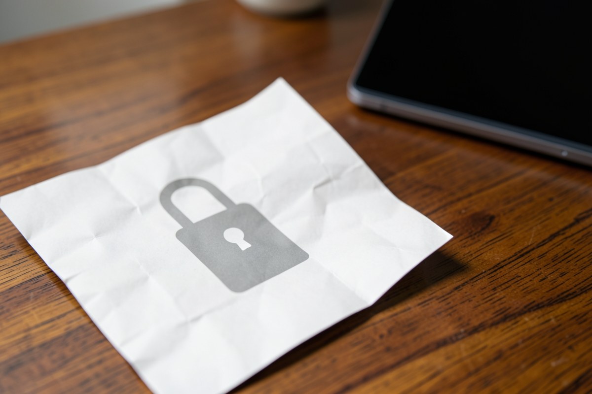 A modern lock icon printed on a paper, lying on a desk with a laptop in the background.