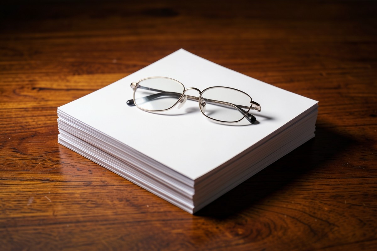 A stack of legal documents on a desk, with reading glasses resting on top.