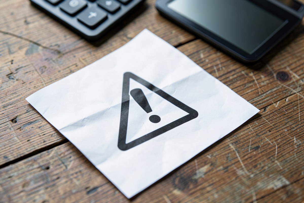 A warning sign icon on a paper, lying on a desk with a calculator in the background.